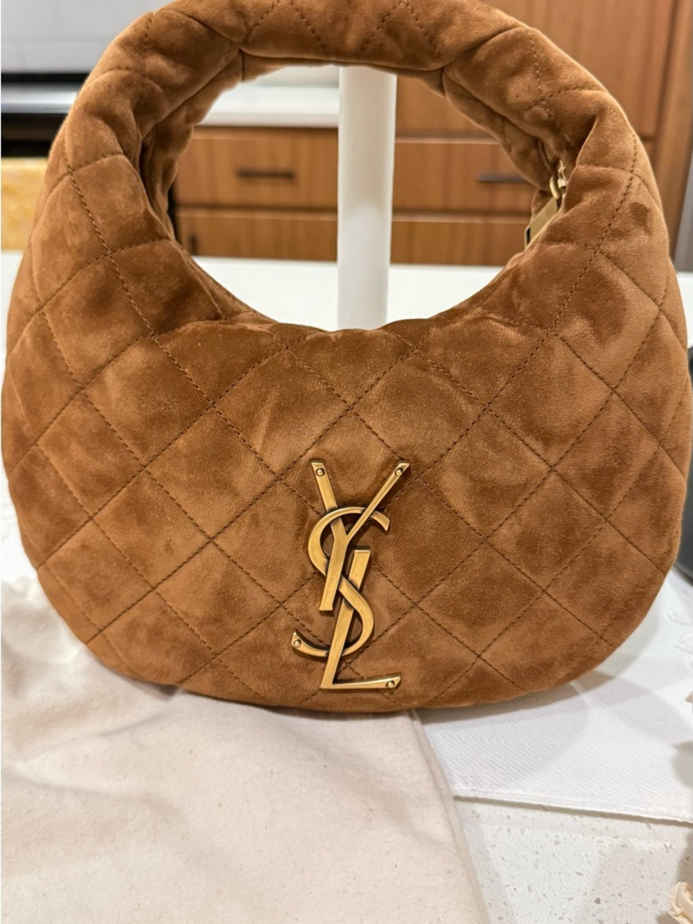 Saint Laurent Quilted Suede Hobo in Cognac with Gold Hardware